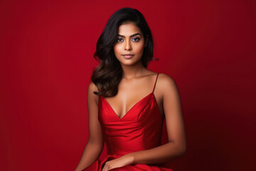 young woman in red dress on red background.