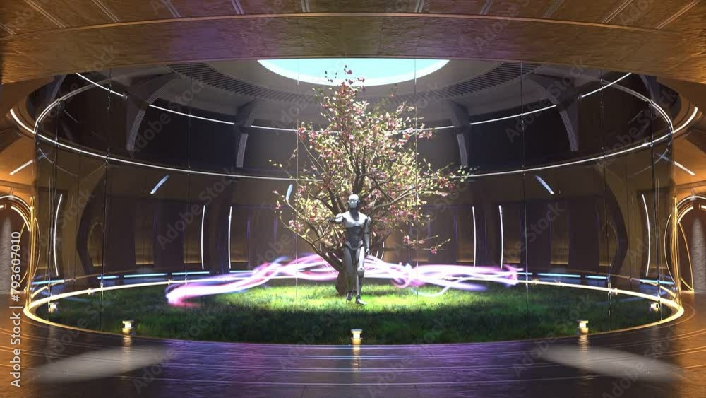 Poster humanoid prototype cyborg artificial intelligence robot stand in hall modern building inside a door 