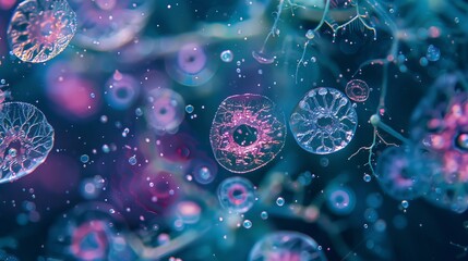 Vibrant Pink Marine Phytoplankton Protoperidinium sp Under 40x Lens: Creative Banner with Copyspace