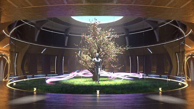humanoid prototype cyborg artificial intelligence robot stand in hall modern building inside a door gate portal with energy flow in 3d rendering animation 