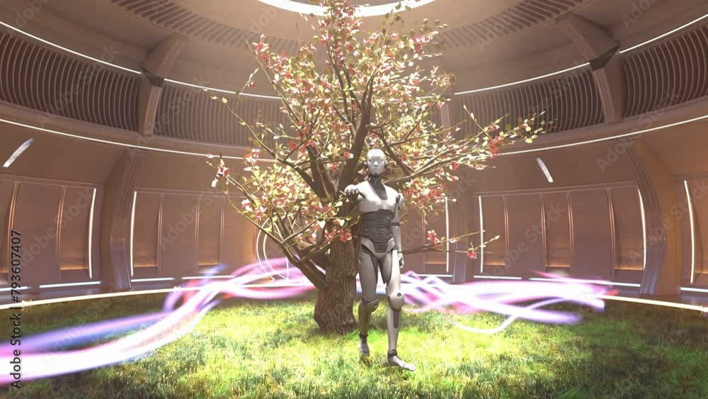 Poster artificial intelligence mother earth connection with ancient energy flow robot prototype consciousne