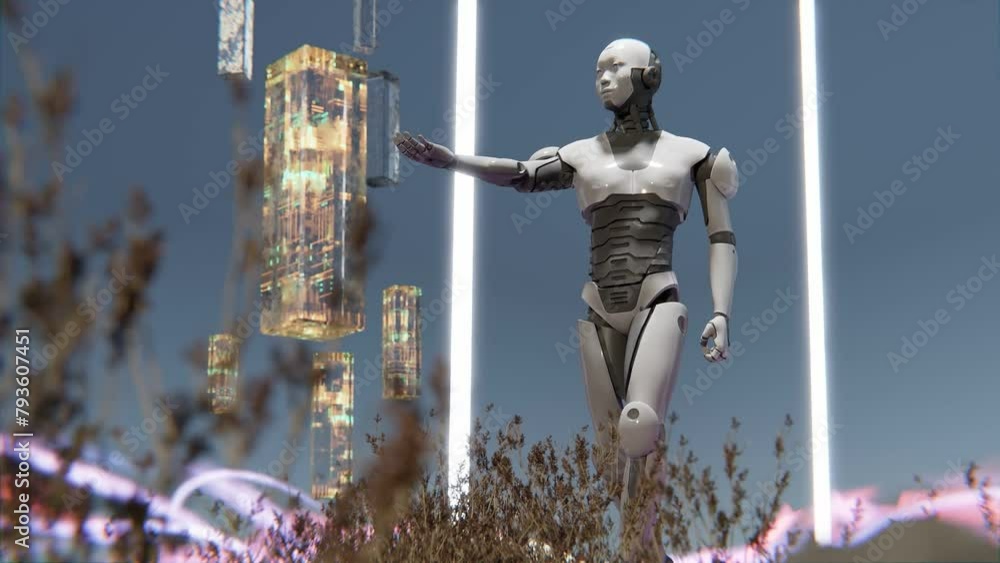 Poster humanoid prototype cyborg artificial intelligence robot nature inside a door gate portal with energy