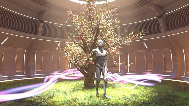 artificial intelligence Mother Earth connection with ancient energy flow robot prototype consciousness cyborg 3d rendering 