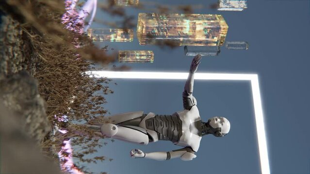 vertical of humanoid prototype cyborg artificial intelligence robot stand in nature inside a door gate portal with energy flow in 3d animation 