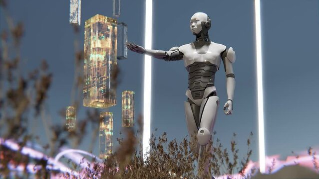 humanoid prototype cyborg artificial intelligence robot  nature inside a door gate portal with energy flow in 3d rendering animation 