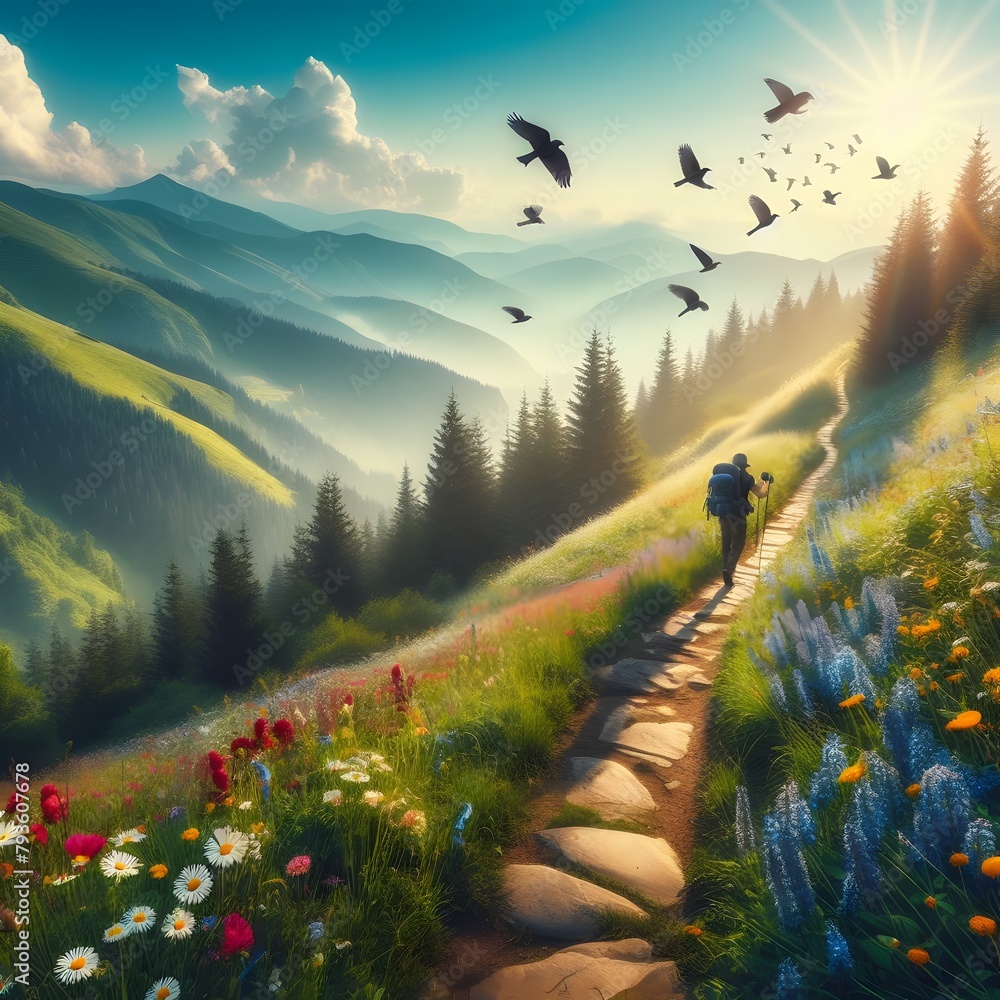 Poster a man with a backpack is walking down a trail with mountains in the background generated by ai