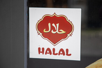 Halal text sign arab in windows facade shop food boutique
