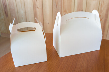 handle blank two pastry box white empty mockup 2 boxes on wooden table background