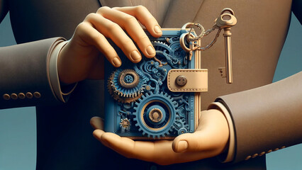 A man is holding a blue wallet with gears on it. The wallet is designed to look like a mechanical device, and it gives off a sense of sophistication - obrazy, fototapety, plakaty