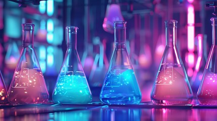 Vibrant Neon Chemical Laboratory Abstract - Colorful Flasks, Generative AI Experimentation