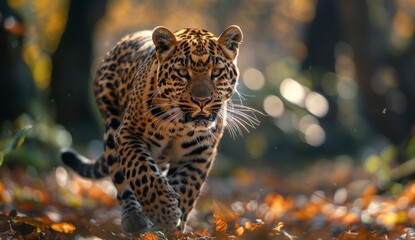 Leopard running in the forest, sunshine, passion, animal protection theme, discovering the beauty of nature,Graceful Leopard in Sunlit Wilderness: Embracing Nature's Majesty