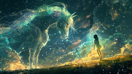 silhouette of girl is looking at giant glitter unicorn, universe background	 - obrazy, fototapety, plakaty