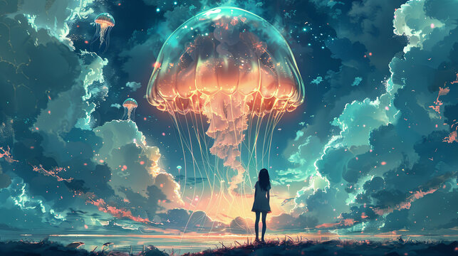 silhouette of girl is looking at giant jellyfish, concept of illustration for book