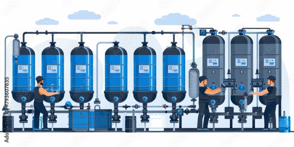 Poster vector illustration of workers operating an advanced industrial water filtration system, generative 