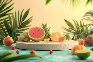 Obraz premium Unique 3D Fruit Platform Vibrant Tropical Background for Product Promotion