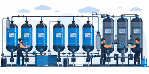 Vector Illustration of Workers Operating an Advanced Industrial Water Filtration System, Generative AI