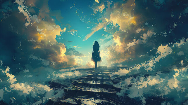 Girl walking up the stairs to the sky, dream concept  