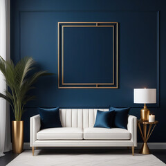 Frame mockup poster on dark wall background. Elegant living room interior with large poster. Stylish home decor. Template.
