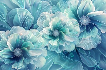 Obraz premium blue and mint background with beautiful fractal flowers, botanical wallpaper