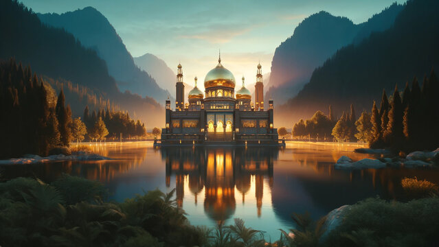 A large building with a gold dome sits on a lake. The water is calm and the sky is blue