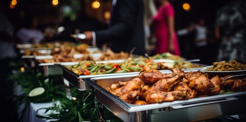 Obraz premium Grilled meat and vegetables, Food on a buffet table at the hotel, Group of people on catering buffet food indoor in restaurant with grilled meat Buffet service