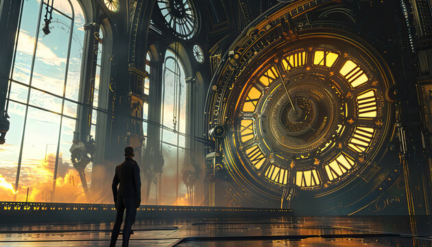 A man stands in front of a large clock with Roman numerals by AI generated image