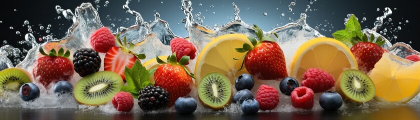 An assortment of fruit with water splash on black background