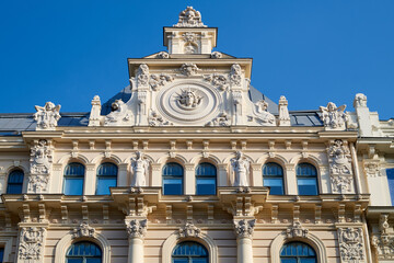Latvian tourist landmark attraction - Art Nouveau style architecture - building fasade of Riga city, Latvia. - 793608889