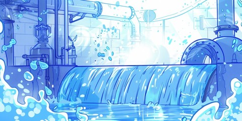 Watercolor Artwork of Industrial Pipes Amidst Dynamic Water Splashes, Symbolizing Energy and Fluid Movement, Generative AI