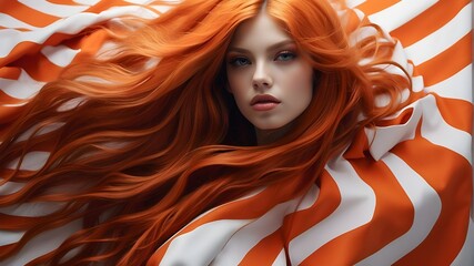 A captivating portrayal of a tight shot of long hair with orange and white streaks, drawing inspiration from surrealism and avant-garde fashion photography. The art style features bold contrasts and u