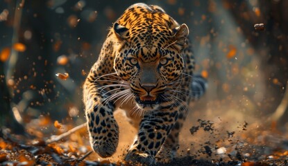 Leopard running in the forest, chase, survival of the fittest, animal world, side, sunlight, passion, 4k wallpaper, high quality,Graceful Leopard in Sunlit Wilderness: Embracing Nature's Majesty
