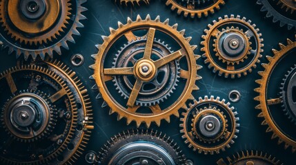 Intricate gold gears interlocking in a detailed machinery setup on a dark, moody background. - obrazy, fototapety, plakaty