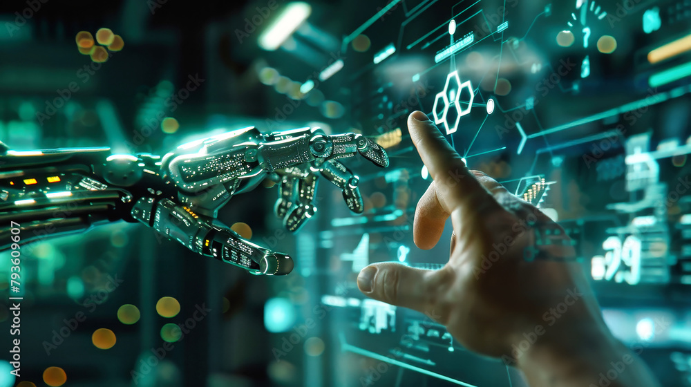 Poster a man explores a futuristic interface with his finger, engaging in interaction with artificial intel