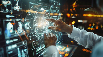 A knowledgeable man energetically points at a vibrant screen filled with intricate data, engaging in deep interaction with artificial intelligence