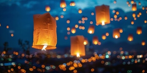 Paper lanterns rise into the twilight sky, symbolizing hope and dreams during a festive celebration.