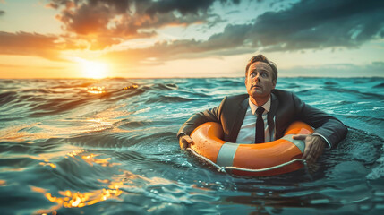 A dapper businessman in a suit and tie floating in the vast ocean with a lifebuoy, creating a surreal and thought-provoking scene