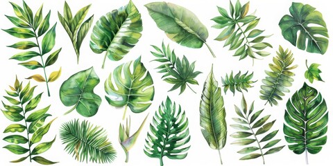 A Series of Lush Monstera Leaves in Watercolor, Perfect for Nature-Inspired Home Decor or Tropical Themes, Generative AI
