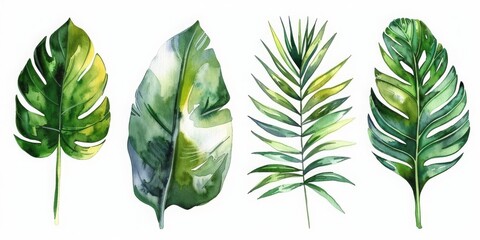 A Series of Lush Monstera Leaves in Watercolor, Perfect for Nature-Inspired Home Decor or Tropical Themes, Generative AI