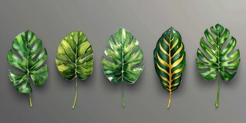 A Collection of Watercolor Leaves with Vibrant Green and Yellow Hues, Bringing an Exotic Flair to Any Space, Generative AI