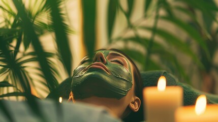 A tranquil spa setting, woman with face mask, surrounded by lush greenery and candles.