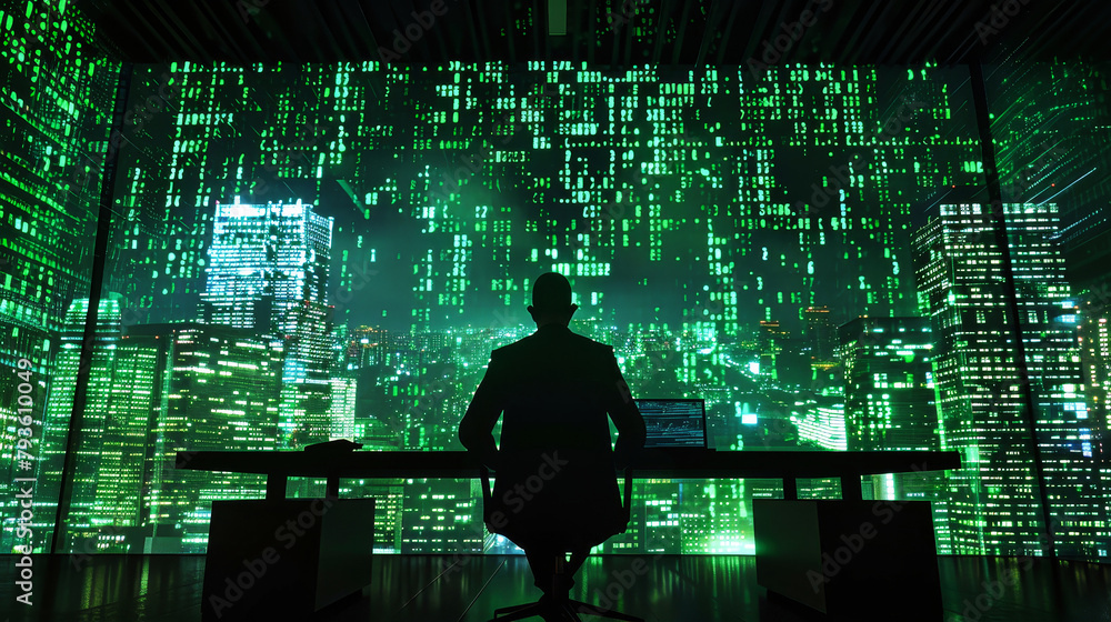 Poster a man immersed in his work, sitting at a desk in front of a computer, typing rapidly as he hacks int