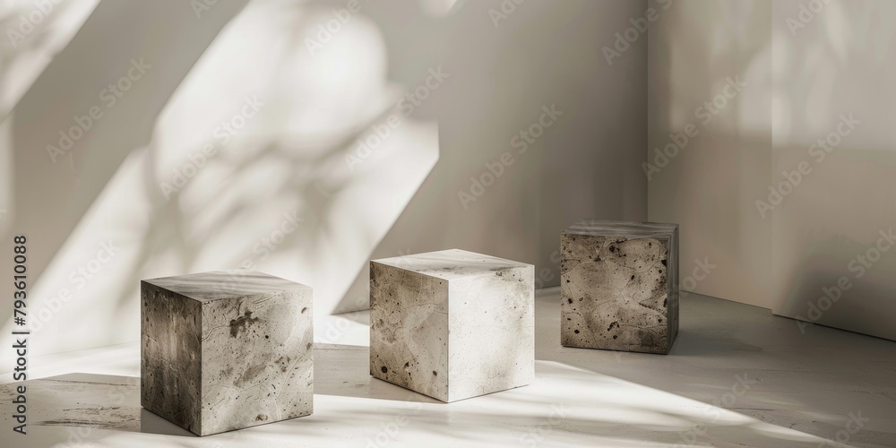 Poster three concrete cubes symmetrically arranged in a minimalist white space with shadows.