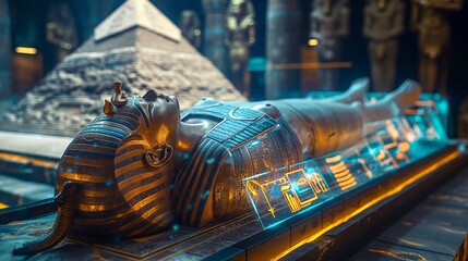 A close-up of an Ancient Egyptian sarcophagus, with a holographic field displaying the...