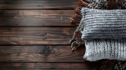 Two cozy knitted sweaters on rustic wooden planks, winter comfort concept.