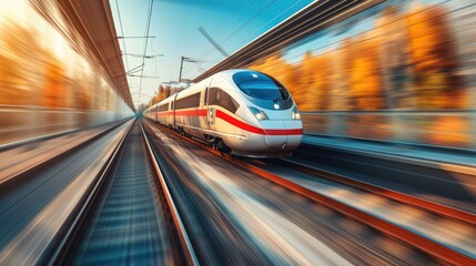 A high-speed train zooming through a scenic countryside, modern design, motion blur, representing...