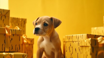 Dog with gifts boxes