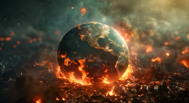 Earth's continents charred and smoldering, a stark warning of the climate crisis fueled by unchecked industrial growth,
