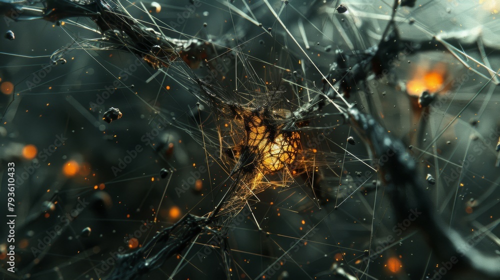Poster artistic close-up of an abstract web structure with an orange glow amidst darkness.