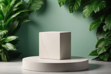stone pedestal with green leaves modern background. Product display design, mockup