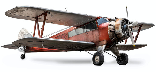 Vintage red biplane isolated on white background, detailed view showing propeller and landing gear.